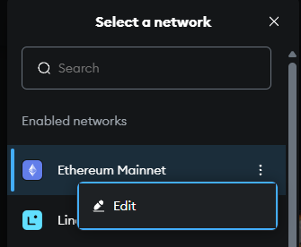 MetaMask Select a network dialog with "Edit" highlighted