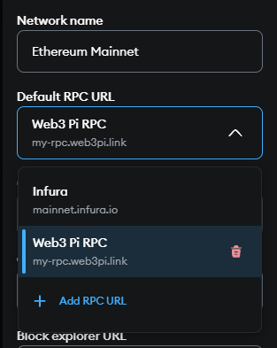 Default RPC URL dropdown with "Web3 Pi RPC" selected
