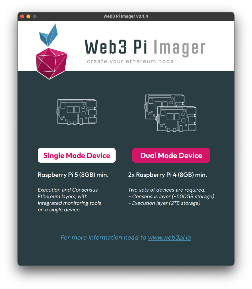Web3 Pi Imager selection screen