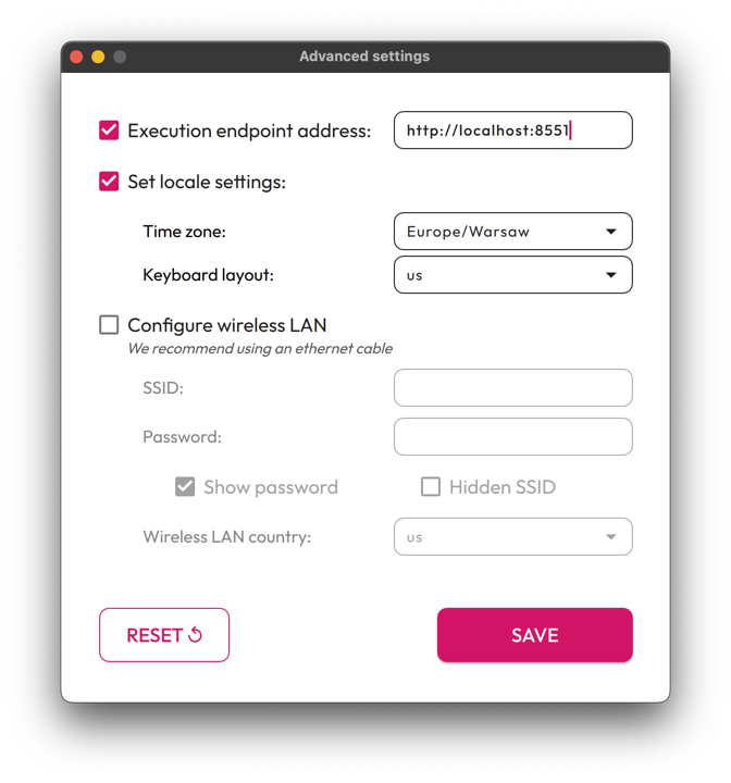 Advanced configuration screen