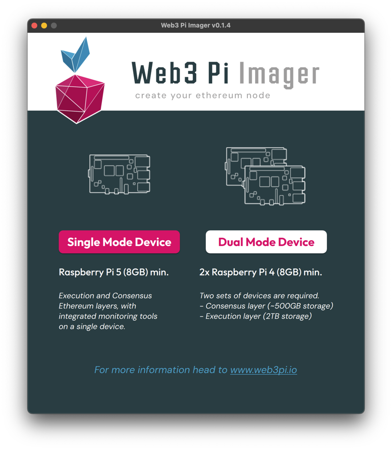 Web3 Pi Imager selection screen