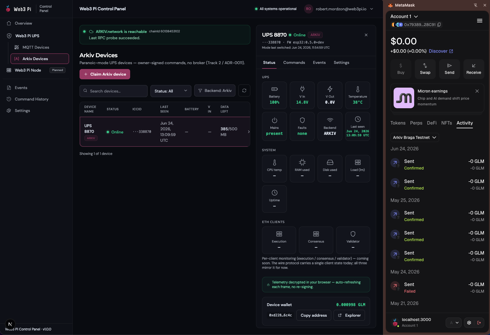 Claimed Arkiv device in the web panel — telemetry decrypted in the browser, device wallet balance, owner wallet in MetaMask