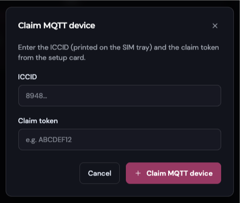 Claim MQTT device dialog — ICCID and claim token