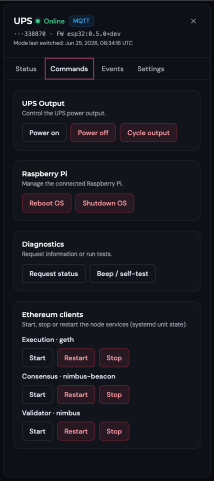 Commands tab — UPS output, Raspberry Pi, diagnostics, and Ethereum client controls
