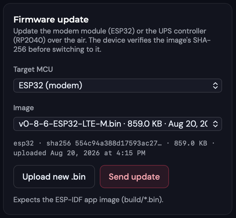Firmware update card in the panel's Commands tab