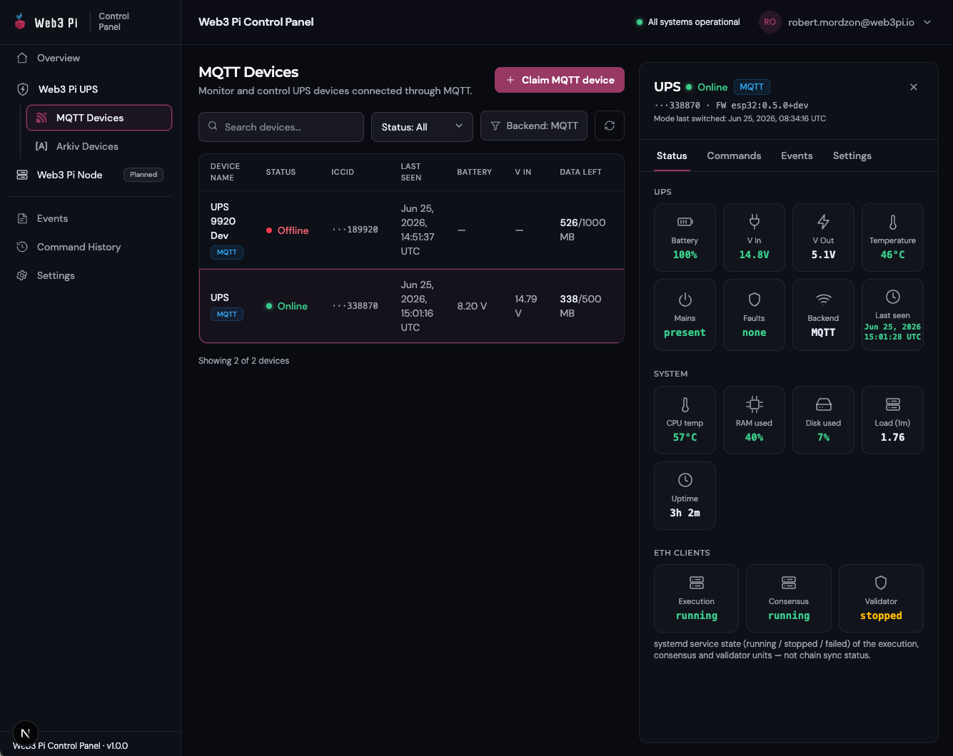 Web panel — MQTT Devices page with a device's live status pane