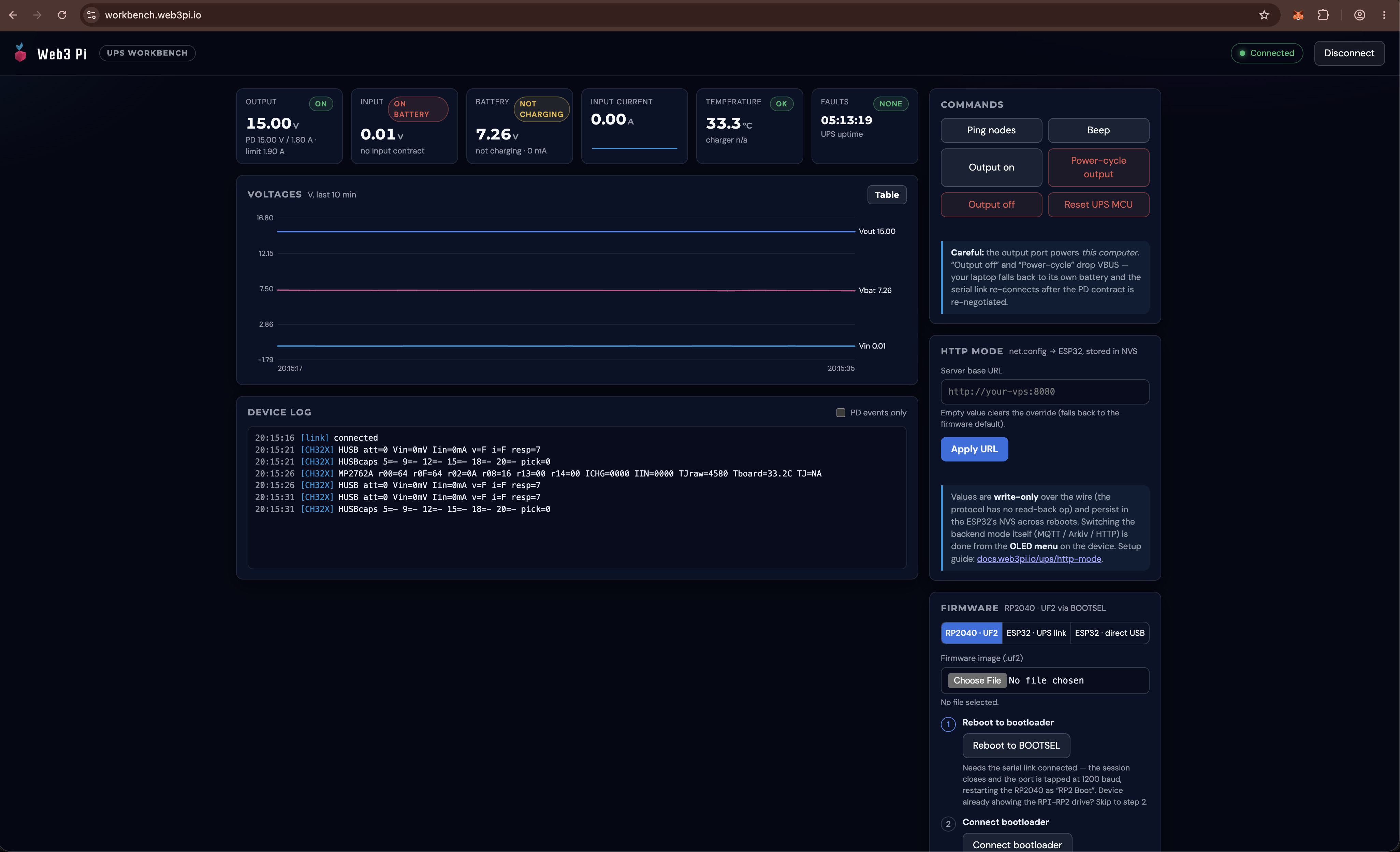 Workbench connected to a UPS — live dashboard, device log, commands, and firmware tools
