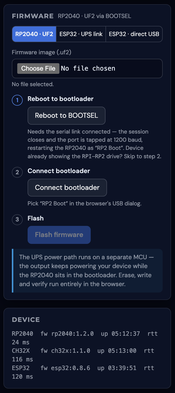 Workbench Firmware card with the RP2040 flashing steps, and the Device card listing all three firmware versions